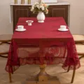 Red hollow lace tablecloth with French pastoral floral embroidery for elegant home dining decor - Red Circle Floral