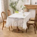 French vintage lace tablecloth, white sheer floral table cover with elegant ruffles for home decor. - French Peony - White