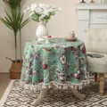 Vintage green floral round tablecloth with white tassel edge, elegant home fabric decor. - 132*132 / Greenwood Forest