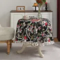 American luxury round tablecloth black floral fabric table cover with white tassels for home decor - 132*132 / Black Floral