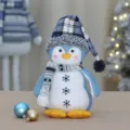 Schattige blauwe pluche pinguinpop met ruitjesmuts, perfecte kersttafeldecoratie. - Blauw Ruitpatroon Pinguïn Pop (YH239918)