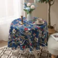 Retro floral fabric round tablecloth with tassels, American style elegant table cover mat. - 132*132 / Deep Blue Floral