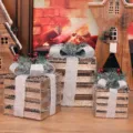 Christmas Iron Gift Box Set 3-Piece Holiday Decor with Silver Bow Pine Cones and Berries - Square Gift Box 2021-190