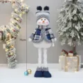 Kerst sneeuwman pluche pop van 75cm hoog met blauwe gebreide muts en jas voor decor. - Blauw Ruitpatroon Uitschuifbare Pop Dubbele Muts Stijl Midden (YH239902B)