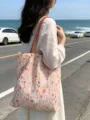 Japanischer Stil Blumen bestickte Canvas Tasche, Damen lässige große Schultertasche. - Besticktes Blumendruck-Design / Rosa