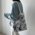 Casual canvas tote bag for women, Japanese harajuku style, retro sketch bear print shoulder bag. - Tie Bear White
