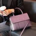 Genuine leather retro style women handbag detail view, crocodile embossed flap shoulder bag. - Taro Purple