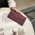 Genuine leather long wallet for women, elegant purple pebbled envelope design with snap. - 19x10x3.5cm / Purple