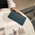 Genuine leather long wallet for women, soft pebble grain envelope purse with snap button close. - 19x10x3.5cm / Aquamarine