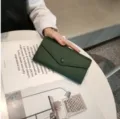 Dark green genuine leather long wallet for women, soft cowhide envelope purse with snap closure. - 19x10x3.5cm / Dark Green