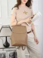 Genuine top layer cowhide solid color backpack, casual student school bag, stylish soft leather daypack. - Apricot