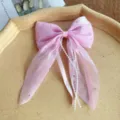 Pince à cheveux nœud rose avec strass et pompons de perles accessoire de cheveux mignon pour fille - Style d'accessoire / Rose foncé