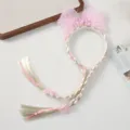 Children princess wig headband with pink bow and long braided hair for cute girls party dress up - Pink
