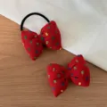 Close-up detail of red fabric bow hair tie with colorful block patterns, sweet style. - 11# Red Hair Tie + Clip Set