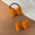 Korean style bow hair tie with colorful block pattern cute hair accessories for women girls - 12# Yellow Hair Tie + Clip Set