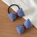 Chouchou noeud carreaux bleu et blanc vue detaille, accessoire cheveux en tissu pour tous les jours. - Set Chouchou + Barrette Bleu