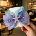 Kids mermaid hair bow clip with organza ribbon, starfish and tail design for girls hair styling. - Starfish Bowknot Hair Clip