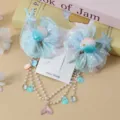 Children's mermaid hair bow with seashell starfish pearl tassel chain for girls party. - 1# Blue Seashell Hair Clip