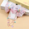 Children mermaid bow hair clip with pearl chain shell starfish cute girl pink blue hairpin - 2# Pink Seashell Hair Clip