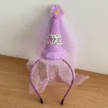 Kids birthday party headband with purple veil and cone hat for celebration events. - 3# Shiny Purple Floral Birthday Hat Headband