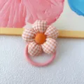 Orange gingham fabric flower hair tie with elastic band, cute daily hair accessory for women. - Orange