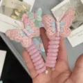 Pink butterfly telephone wire hair ties for kids, cute elastic ponytail hair accessories. - Pink