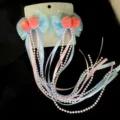 Sweet bow hair clips detail view with peach decor and pearl tassels for Chinese Hanfu. - Blue