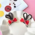 Cute children hair clip bow hairpin glitter mesh red ribbon rhinestone details delicate accessory - Bowknot Ponytail Style / One Pair / Red