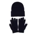 Dark blue knitted beanie hat and touch screen gloves set, simple casual winter warm knitwear - One Size / Navy Blue