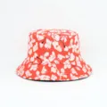 Vue détaillée chapeau bob floral rouge, design imprimé fleuri vintage, protection solaire. - Taille unique / Rouge