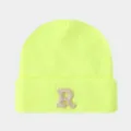 Bonnet en tricot jaune néon avec écusson lettre R brodé, bonnet d'hiver chaud et tendance. - Jaune Néon
