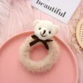 Cute plush bear hair tie fuzzy scrunchie sweet hair accessory for women and girls daily wear - White Bowknot Bear + Beige Hair Tie
