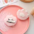 Cute pink plush cat paw hair clip and brooch detail, soft fluffy material with secure metal back. - Brooch Hairpin Combo / Pink