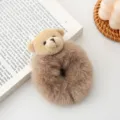 Plush bear hair scrunchie detail view, soft fuzzy material, cute teddy bear hair accessory. - Khaki Hair Tie + Brown Bear
