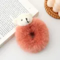 Cute bear plush hair scrunchie detail view, soft fluffy hair tie for women and girls. - Vibrant Orange + White Bear
