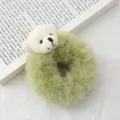 Green plush bear hair scrunchie, cute fluffy hair accessory for women and girls daily styling. - Fruit Green Hair Tie + White Bear