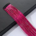 Hot pink hair tinsel extension with BB clip sparkle metallic shiny hair strand for party styling. - Rose Red