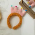 Fluffy crown plush headband with colorful pom poms and sweet embroidery for daily cute styling. - Crown Embroidery Style / Turmeric