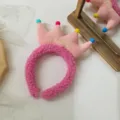 Pink plush crown headband with colorful pom poms and King embroidery for women daily wear - Crown Embroidery Style / Pink