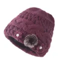 Warm winter knitted hat for elderly women, vintage plush pom-pom and pearl flower details. - One Size / Pearl Purple