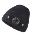 Warm winter knitted beanie for elderly women, fleece lined with faux pearl and pompom. - One Size / Pearl Black