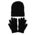 Black knitted beanie hat and touch screen gloves set for adults winter warm knit wear. - One Size / Black