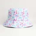 Close-up detail of tropical palm tree print bucket hat fabric, showing vibrant pink and blue. - One Size (56-58cm) / White Coconut Tree