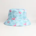 Detailed view of the cute flamingo and palm leaf tropical print on light blue fabric hat. - One Size (56-58cm) / Light Blue Flamingo