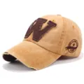 Gorra de béisbol de algodón lavado vintage con gran parche de letra W y logo bordado. - Ajustable / Amarillo