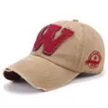 Gorra de béisbol de algodón lavado bordado W, sombrero de sol vintage desgastado mujer. - Ajustable / Caqui