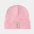 Bonnet en tricot rose pour femme et homme, bonnet d'hiver chaud à revers avec broderie de lettres. - Rose Clair