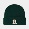 Bonnet en tricot vert foncé avec lettre R brodée, bonnet d'hiver chaud pour hommes et femmes. - Vert Foncé