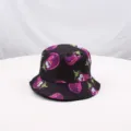 Cartoon eggplant print bucket hat detail, black casual summer outdoor sun hat for women men. - Eggplant Black