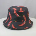 Black cartoon chili print bucket hat fashion casual sun hat for outdoor streetwear styling - One Size / Black